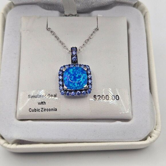 New Simulated Opal Cubic Zirconia Pendant Necklace Sterling Silver Chain - Picture 2 of 4